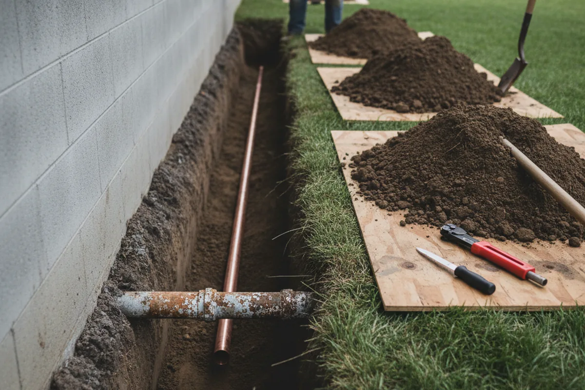 Excavated water line trench during Sewer Line Repair in Chillicothe